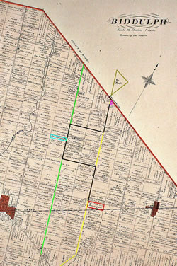 [ Vigilante Route, On February 3, 1880 the vigilantes gathered at the Cedar Swamp Schoolhouse (red bordered property).  The black line traces their route as they travelled to the Donnelly homestead (blue bordered property).  The mob then continued on to William's home (purple bordered property). They originally planned to continue on to the home of Jim Keefe (green bordered property), but for whatever reason, they decided to end their killing spree and never went to Keefe's property.  This map is based on a map found in H.R. Page & Co., ILLUSTRATED HISTORICAL ATLAS OF THE COUNTY OF MIDDLESEX published in 1878.   The map was created by Peter McKeown and it originally appeared in A DONNELLY TREATISE: AFTER THE MASSACRE. Thank you to Mr. McKeown for generously allowing us to reproduce the map on this website. , Peter McKeown,   ]