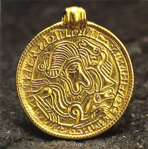 Bracteate from Tjurk, Augerum parish. Blekinge. Statens Historiska Museum # 1453, Stockholm.