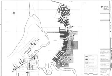 [ Parks Canada Excavation Trenches, Map of some of the Parks Canada excavation trenches.  There were additional excavations on the south shore of the bay and east and north of the buildings as well as test trenches through large portions of the site., David Brennan, Parks Canada Archaeology Laboratory, Halifax  ]