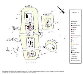 [ A-B-C Complex Map, A-B-C BUILDING COMPLEX

The southermost complex consisted of three buildings: hall A,  house, house B, and hut C. 

Hall A
The hall was very large, 29 m long on the outside and with more than 1000 square feet of room inside. This is double the size Erik the Red's hall in Iceland. 

The hall had three rooms, in which people lived, slept and ate, rooms I, II, and IV. All these rooms had a substantial fireplace.  The smallest room,  II, was probably for one of two leaders on the site and his closest companions. People slept and sat on wooden platforms along the walls. Room III was a workshop where iron was forged into objects, probably boat nails. The iron made in the furnace across the brook was heated over a hot charcoal fire in a pit, then worked on an anvil set into a tree trunk close to the fire. 
A cloak pin of bronze was found in the firepit. 

House B
House B had a wooden platform along one wall. Iron workers lived here, and bog ore had been roasted on the floor. The fireplace was by the southern wall. The wall was protected by an upright stone. 

Huts C
Hut C was the most primitive dwelling on the site, with no special arrangements for seating or sleeping. People must have slept on straw directly on the floor. It has the same kind of fireplace as in House B.
, Vis--Vis Graphics,   ]