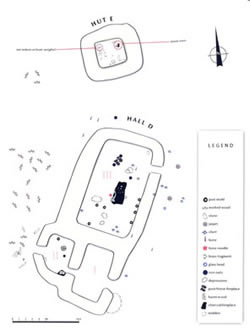 [ D-E Complex Plan, Hall D
Hall D had only one living room, III. It had the usual wooden platforms along the side walls and perhaps along the southern wall. A longfire was in the middle of the floor. Burnt bones were found here.  The only one that could be identified was the vertebra of a large cod.  At the edge of the fireplace was a small ember box of slate. 

A broken bone needle was found in the fireplace.

Masses of carpentry waste outside the door of room II indicates the presence of carpenters. They may have lived or worked in this room.

Room I had no features or cultural deposits, a typical storage room.  Whatever was stored here left no traces so it must have been dry goods, or something stored in containers or hanging on the walls.  

The total floor space in hall D was about 88 square m or 950 square feet.  Modest by L’Anse aux Meadows standards, it was still much bigger than Erik the Red’s hall in Iceland.
Unlike the two other halls on the site, it had no private sleeping quarters.

Hut E
Hut E was a small square hut with a stone oven in the northeast corner.  The location of the door could not be determined.  The oven was a box made of slate slabs.  Nineteen 19 fist-sized stones in the northwest corner may have been weights, either for a fish net or a loom.  In Iceland, women lived and worked in huts like these.
, Vis--Vis Graphics,   ]